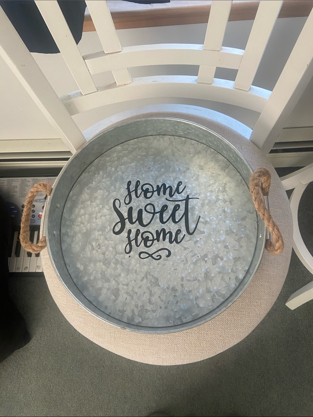 Galvanized Metal Serving Tray with Rope Handles - "Home Sweet Home"